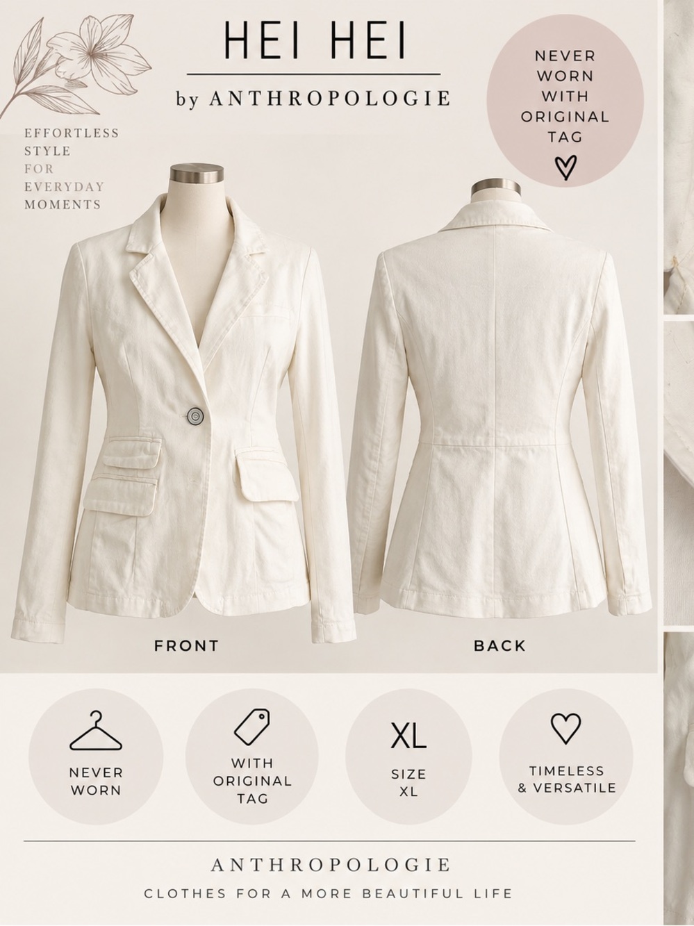 Hei Hei by Anthropologie Cream Single-Button Tailored Blazer